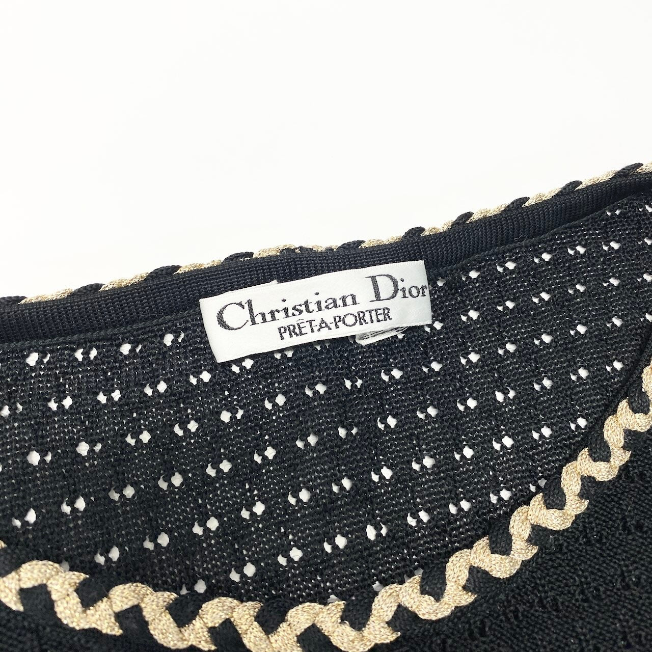 24c16 Christian Dior クリスチャンディオール ニットワンピース  ウエストリボン カギ編み 膝丈 ブラック ゴールド レディース 女性用o07t