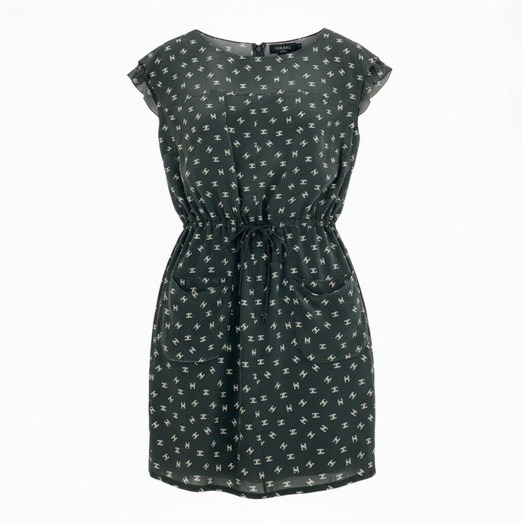 44a15 【新品タグ付き】CHANEL シャネル 2011年 P44358 ココマーク ウェストドローコード付き 半袖ワンピース サイズ36 ブラック レディース トップスta1