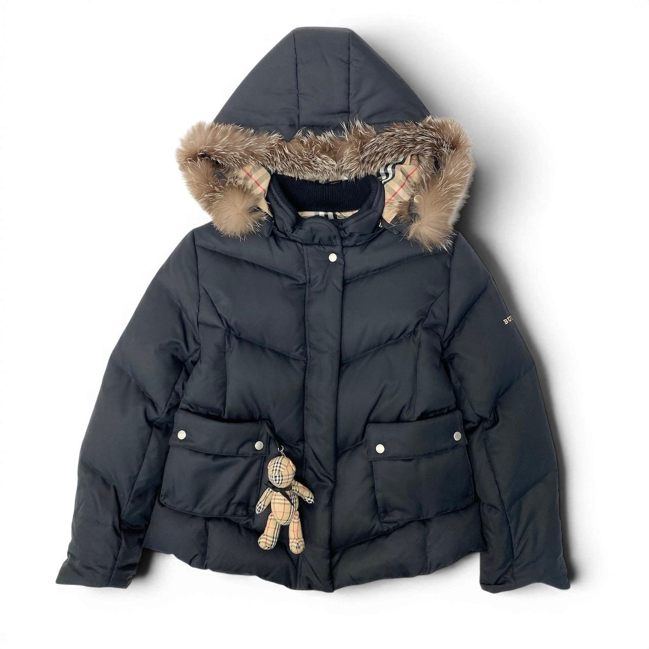 23e7 BURBERRY LONDON バーバリーロンドン ダウンジャケット ジャンパー ノバチェック ブルーフォックス ベアチャーム付 サイズ130A ブラック キッズ 子ども服u02t