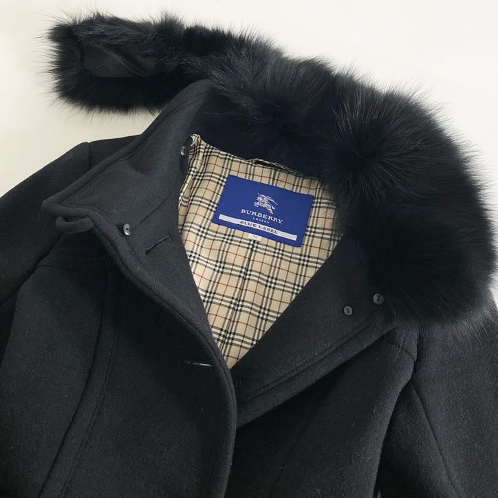 4i4① BURBERRY BLUE LABEL バーバリー ブルーレーベル フォックスファー ベルト付ウールコート 38 ブラック アウター