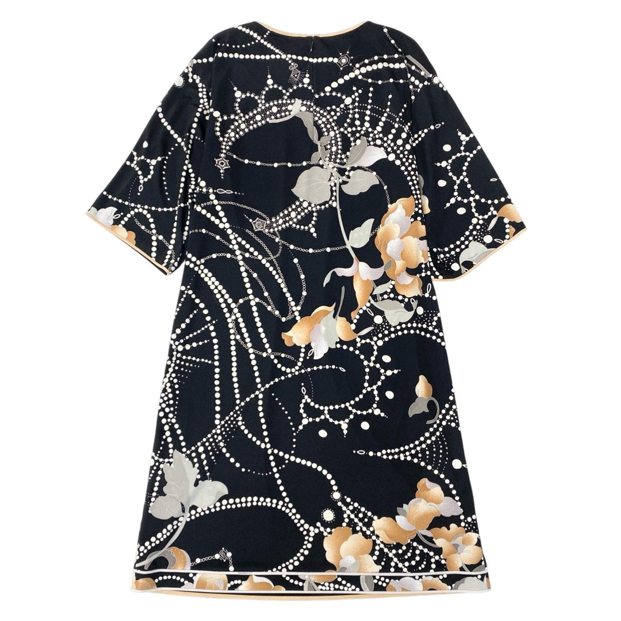 31b6 【美品】LEONARD レオナール 五分袖ロングワンピース 美しい花柄プリント 総柄 0320320 40サイズ ブラック カンカン素材 レディース 女性用u02t