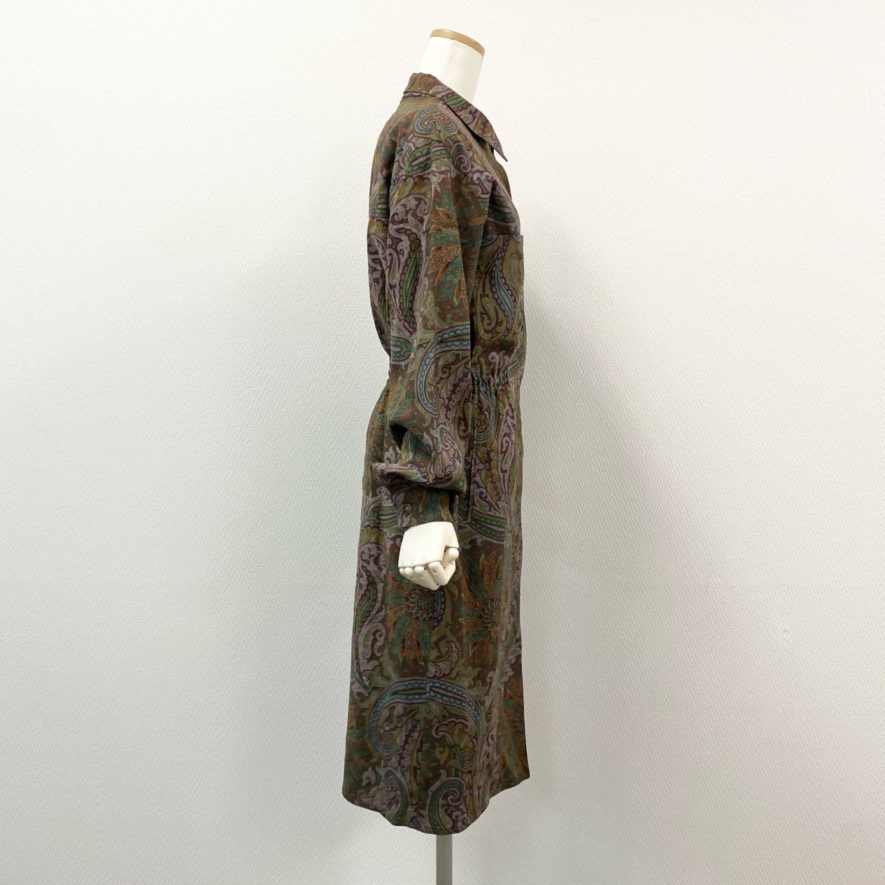 54g10 《美品》 ETRO エトロ ペイズリープリント レトロシャツワンピース 44 カーキ Vintage ヴィンテージ アンティークドレス