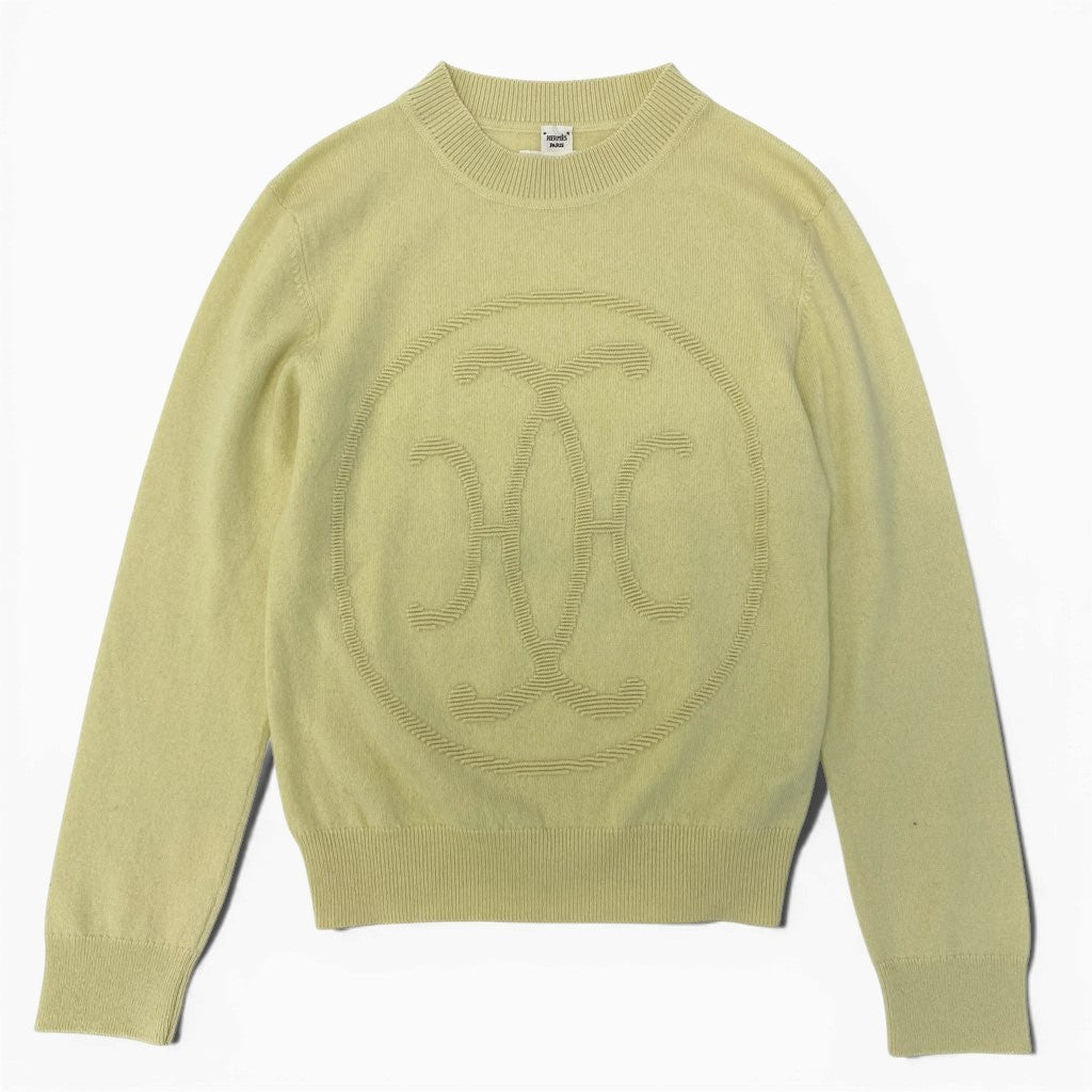 29a9 HERMES エルメス Hリフト クルーネック ニットセーター カシミヤニット フロントロゴ  レディース 女性用 2H2631D1 36 イエロー系 カシミア100％o07t