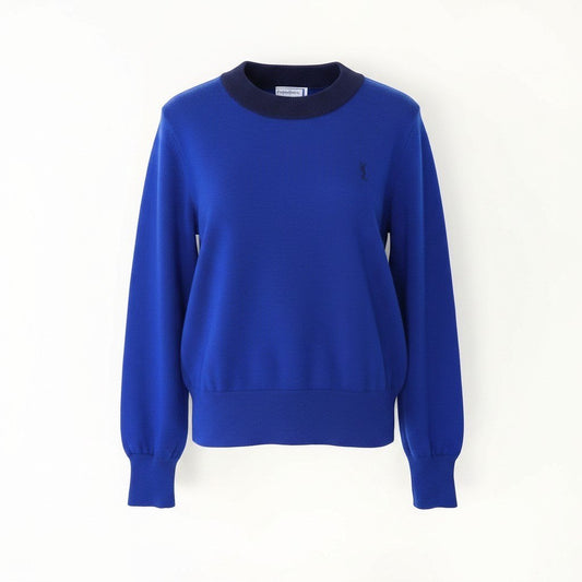 14f15 YVES SAINT LAURENT イヴサンローラン YSLロゴ ロングスリーブ ニットセーター リブネック バイカラー サイズＭ ブルー ネイビー ウール100％ レディース 女性用u02t