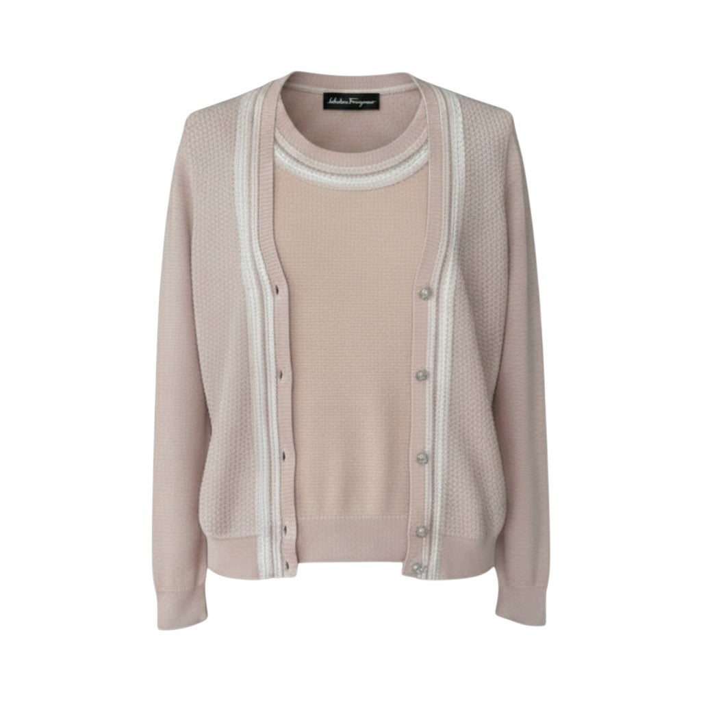 28f16【極美品】Salvatore Ferragamo サルバトーレフェラガモ アンサンブルニットセーター ロングスリーブカーディガン 半袖ニット Mサイズ ベビーピンク レディース 女性用u02t