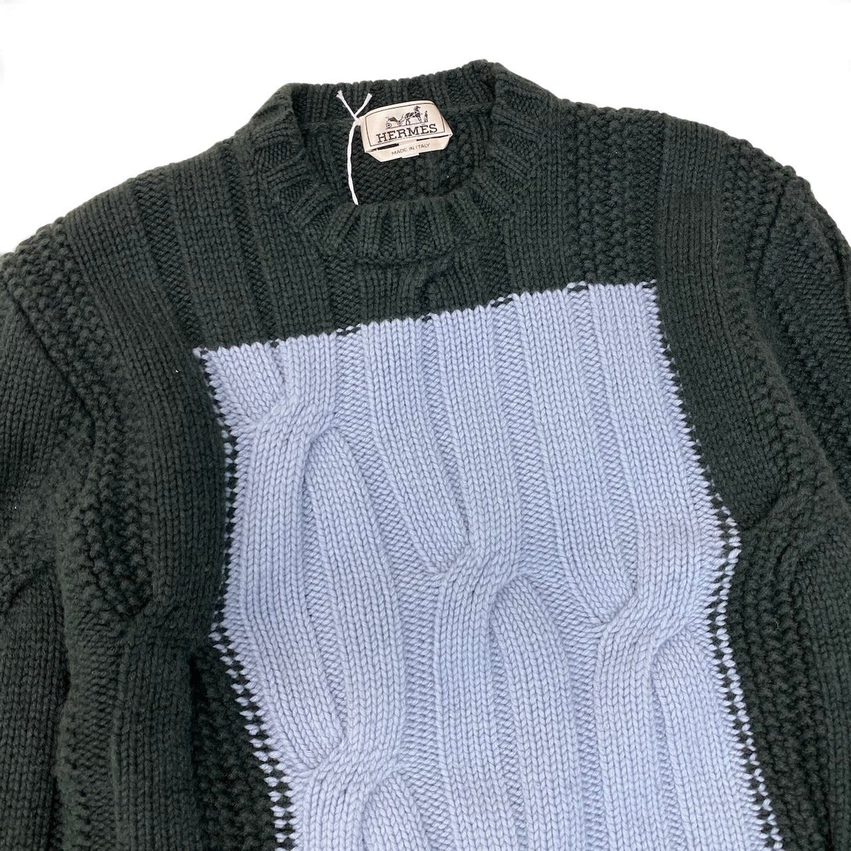47j16 【未使用】 HERMES エルメス 22aw バイカラー ケーブル編み ニットセーター サイズM ダークグリーン ライトブルー ウール カシミヤ メンズu02t