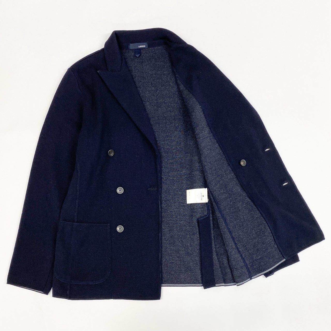 65a14【美品】 LARDINI ラルディーニ 近年 ハイゲージニット ジャケット ウールニット ダブルブレスト メンズ 紳士服 イタリア製 サイズM ネイビー ウール100％u02t