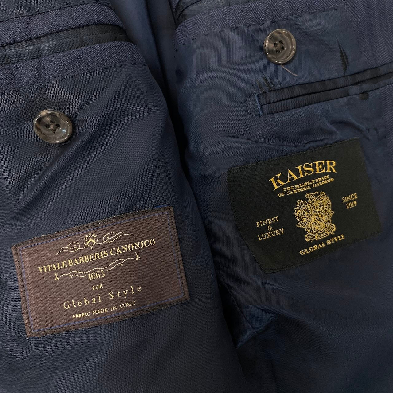 56e12 GLOBAL STYLE グローバルスタイル  KAISER カイザー CANONICO生地 3ピース スリーピース セットアップ シングルスーツ ストライプ ネイビー メンズ 紳士服u02t