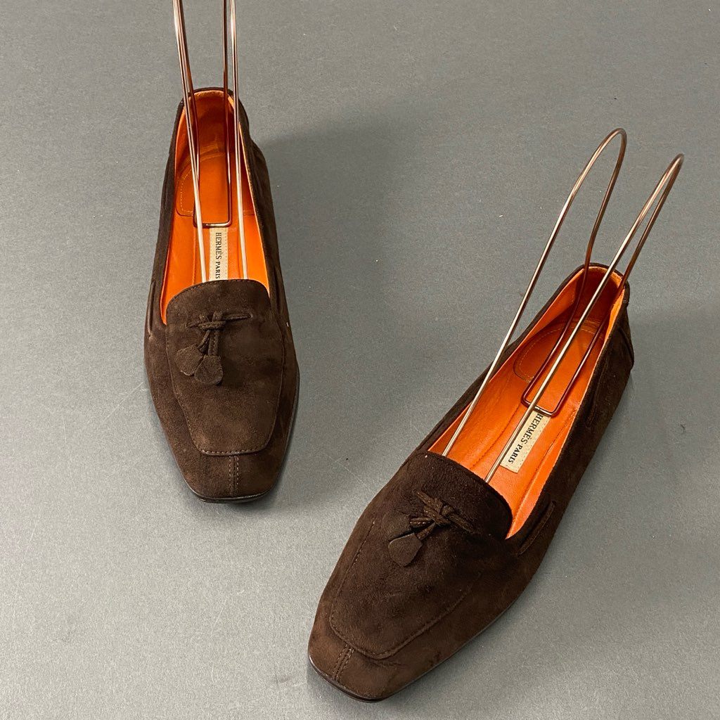 3d21 HERMES エルメス タッセル ローファー 37 ブラウン スエード レザー フラットシューズ スペイン製 tassel loafer