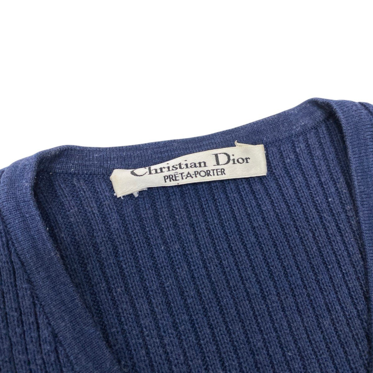91h3 Christian Dior クリスチャンディオール ロゴ刺繍 リブニット ショートスリーブ ニットセーター ネイビー レディース 女性用o07t