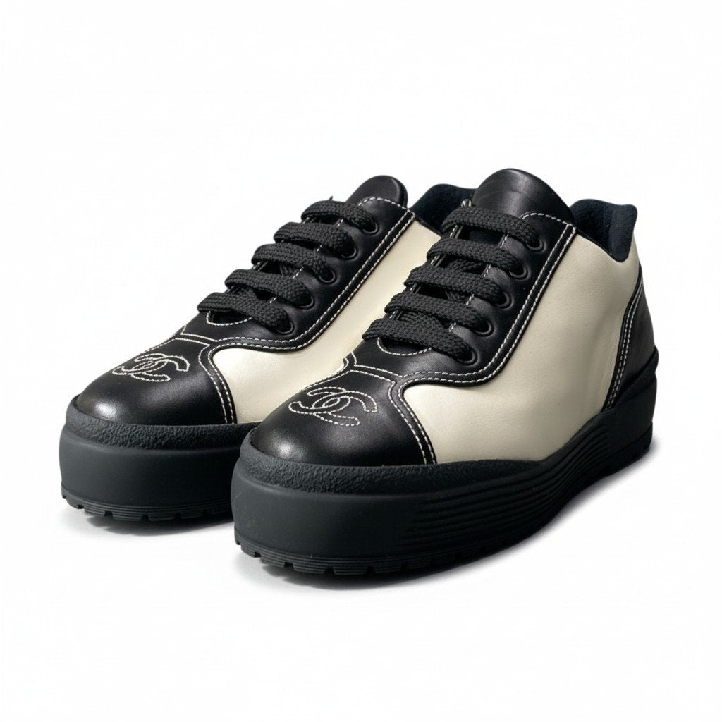 c4 CHANEL シャネル Vintage ココマーク スニーカー ローカット シューズ 37 ブラック ホワイト レディースta2