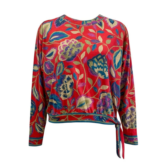 3K18 LEONARD レオナール 長袖カットソー ドルマンスリーブ 花柄プリント 裾リボン レディース 女性用 M レッド ウールシルクu02t