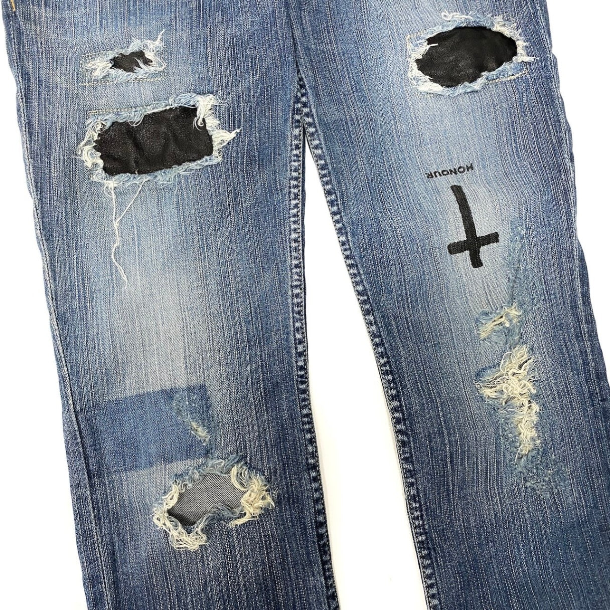 56d13 L.G.B. ルグランブルー 00s レザーパッチ クロス スキニーデニムパンツ サイズ27 インディゴブルー ジーンズ ヴィンテージ加工t18r