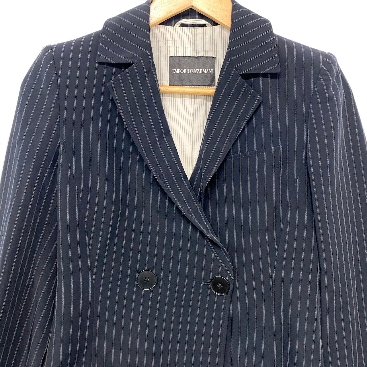 48i1 EMPORIO ARMANI エンポリオアルマーニ バックベルト テーラードジャケット ダブルブレスト ストライプ柄 ネイビー レディース 女性用u02t