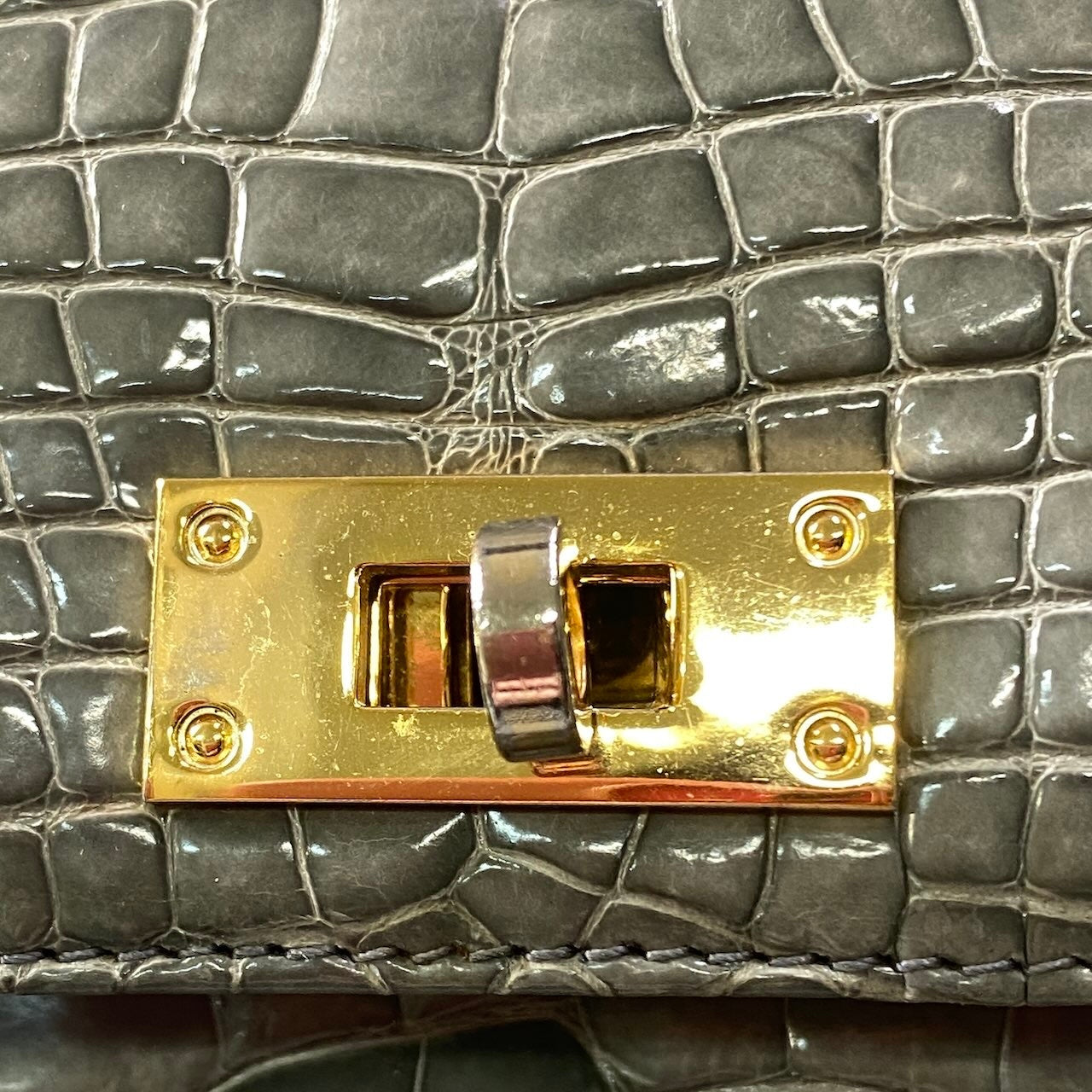 h21 GENUINE CROCODILE SKIN ワニ革 クロコダイル ハンドバッグ グレー レザー レディース 女性用k02i