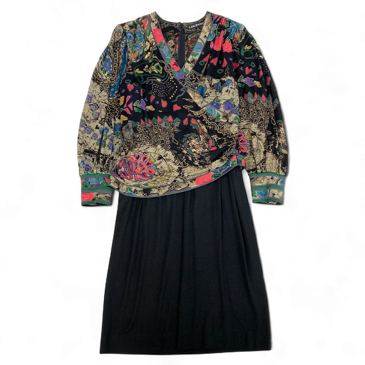 40k26 LEONARD レオナール ドッキングワンピース 長袖ワンピース フロントクロス 花柄モチーフ レディース 女性用 L ブラック ウールシルクo07t