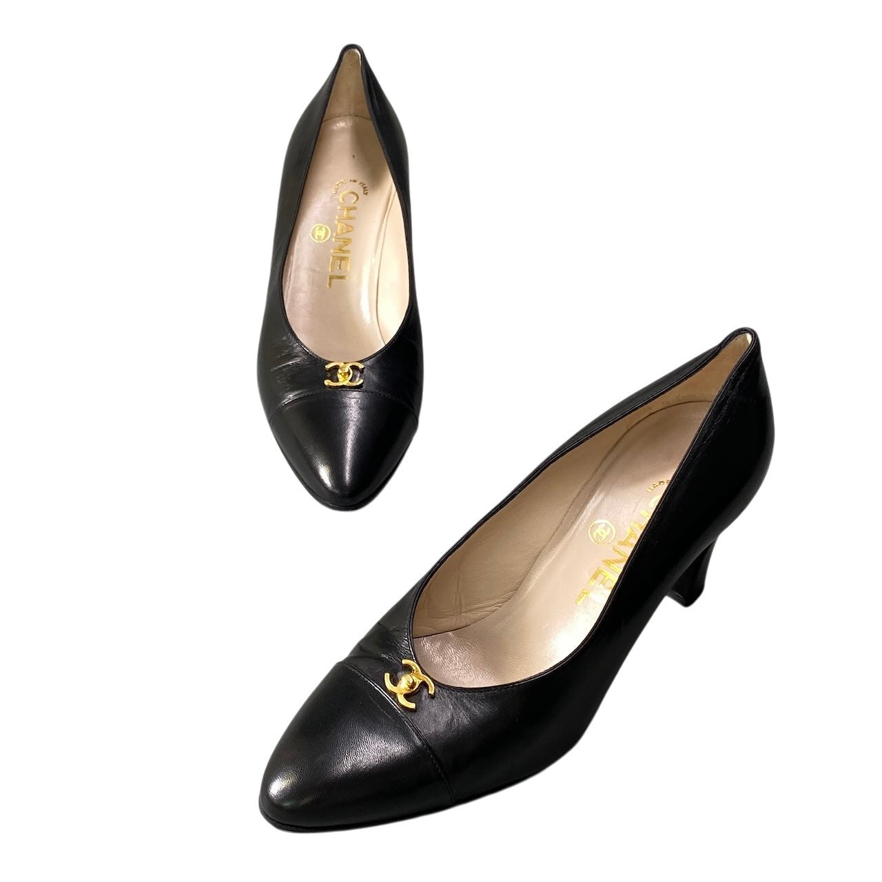 e13 CHANEL ヴィンテージ ターンロック ヒールパンプス 37サイズ ブラック レザー レディース 女性用k02i