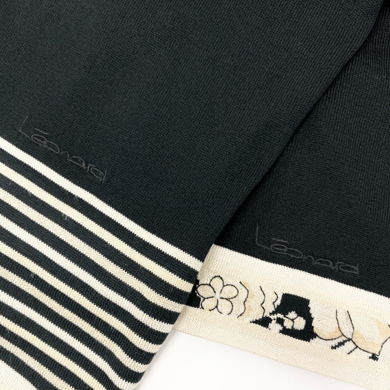 4k23《美品》 LEONARD FASHION レオナール アンサンブルニット ツインニット 半袖トップス カーディガン ボーダー柄 花柄刺繍 シルク混 Ｌ ブラック ホワイト系u02t