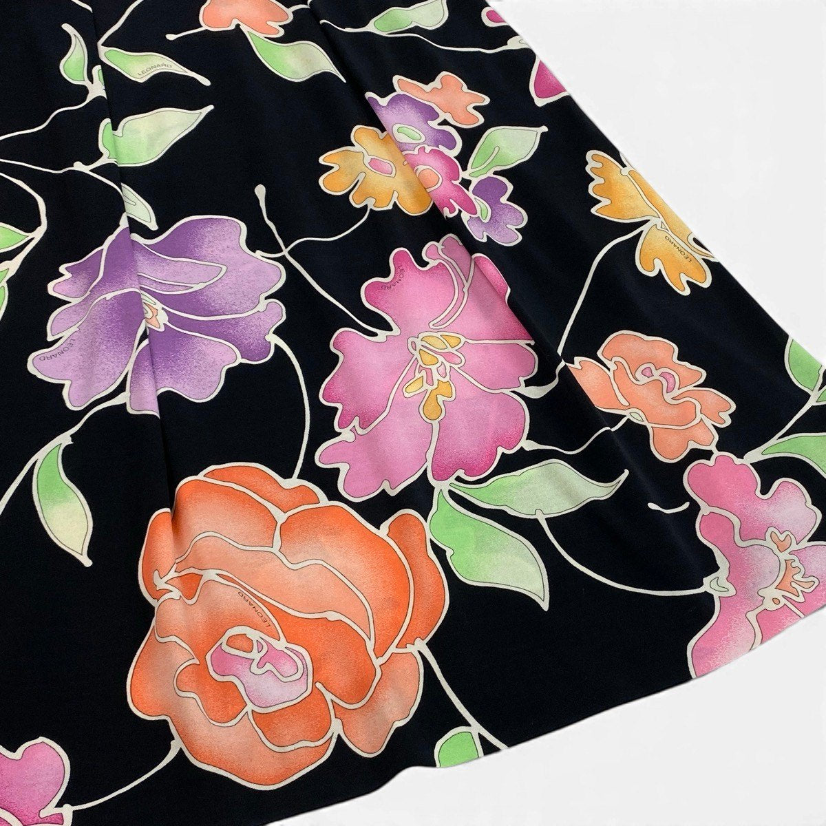55f10 LEONARD FASHION レオナール フレンチスリーブワンピース スクエアネック 美しい花柄プリント サイズS ブラック コットン100％ レディース 女性服u02t