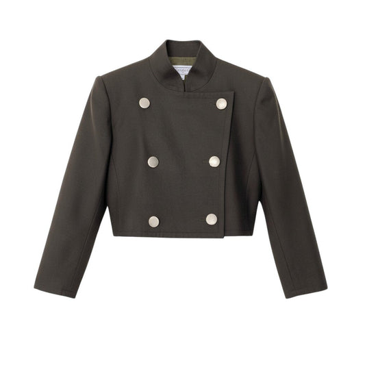 53i16 YVES SAINT LAURENT イヴサンローラン ダブルブレストジャケット ショートコート サイズM ダークグリーン ウール100％ レディースo07t