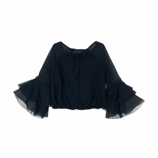 20Ⅼ2 《美品》 TOKUKO 1er VOL トクコプルミエヴォル バルーン シアーシャツ 長袖ブラウス フリルスリーブ レディース 女性用 9 ブラックu02t