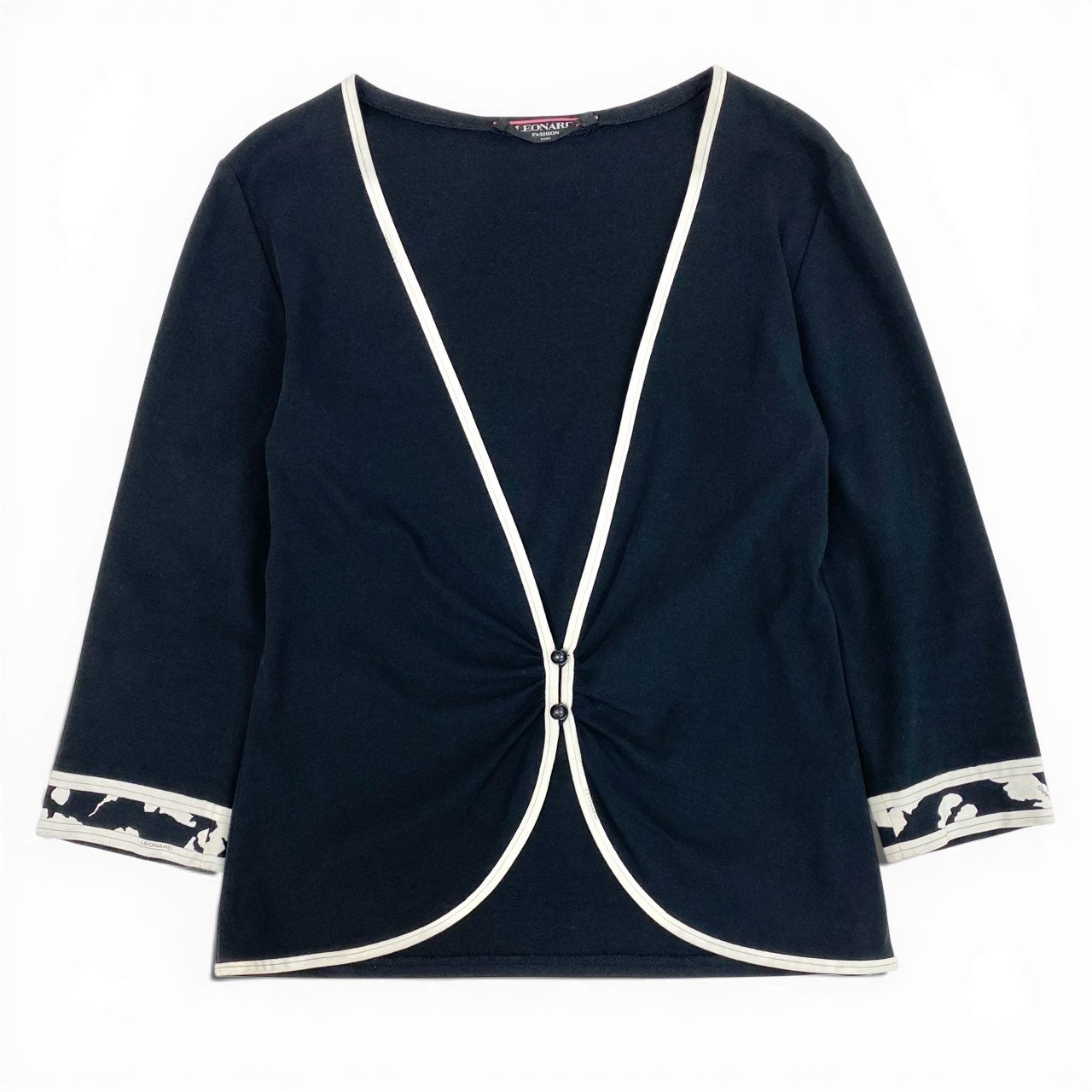 22a23 LEONARD レオナール 美しい花柄プリント 薄手カーディガン トップス モノトーン L ブラック コットン レディースu02t