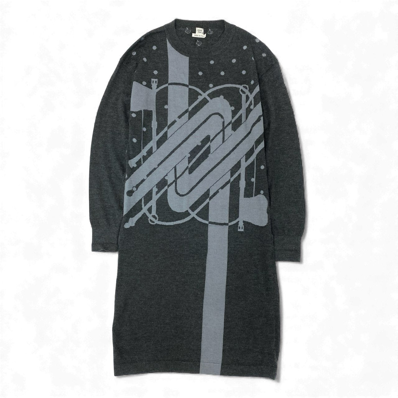 66l1 HERMES エルメス CLIC CLAC クリッククラック ニットワンピース ロングスリーブ カシミヤシルク混 ドット柄 水玉 レディース 女性用 17-7707 34 ダークグレーu02t