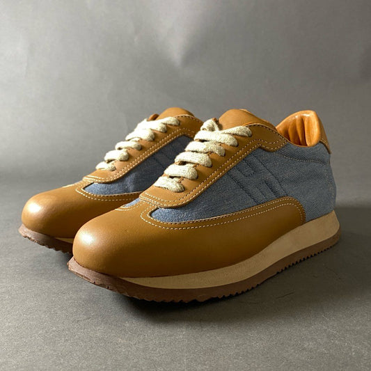 2h3 《美品》 HERMES エルメス Quick Leather Sneakers クイック レザー スニーカー 36 1/2 ブラウン ブルー Leather シューズ イタリア製