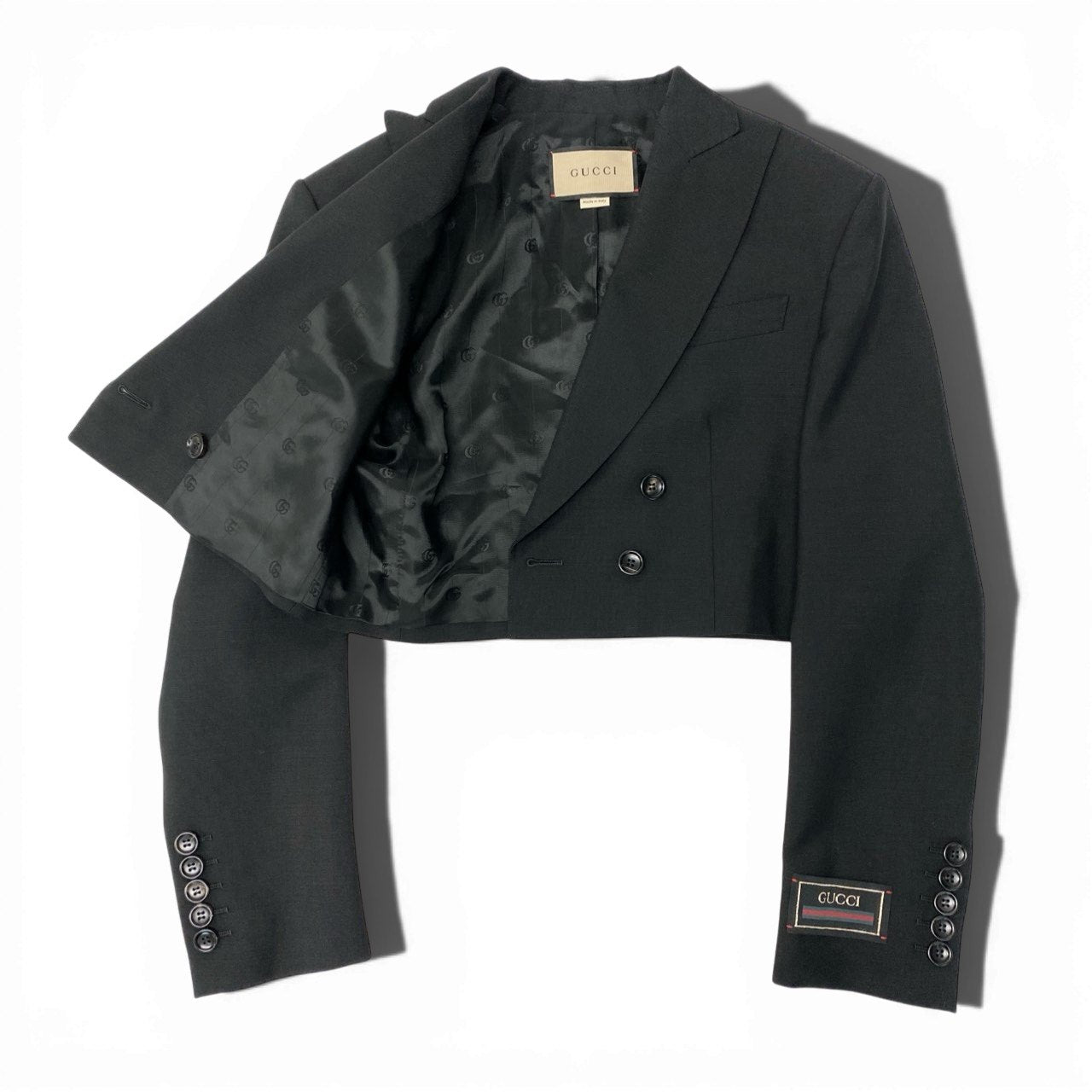 38d3 【美品】GUCCI グッチ ダブルブレストショートジャケット クロップド丈 テーラードジャケット 40サイズ ブラック レディース 女性用o07t