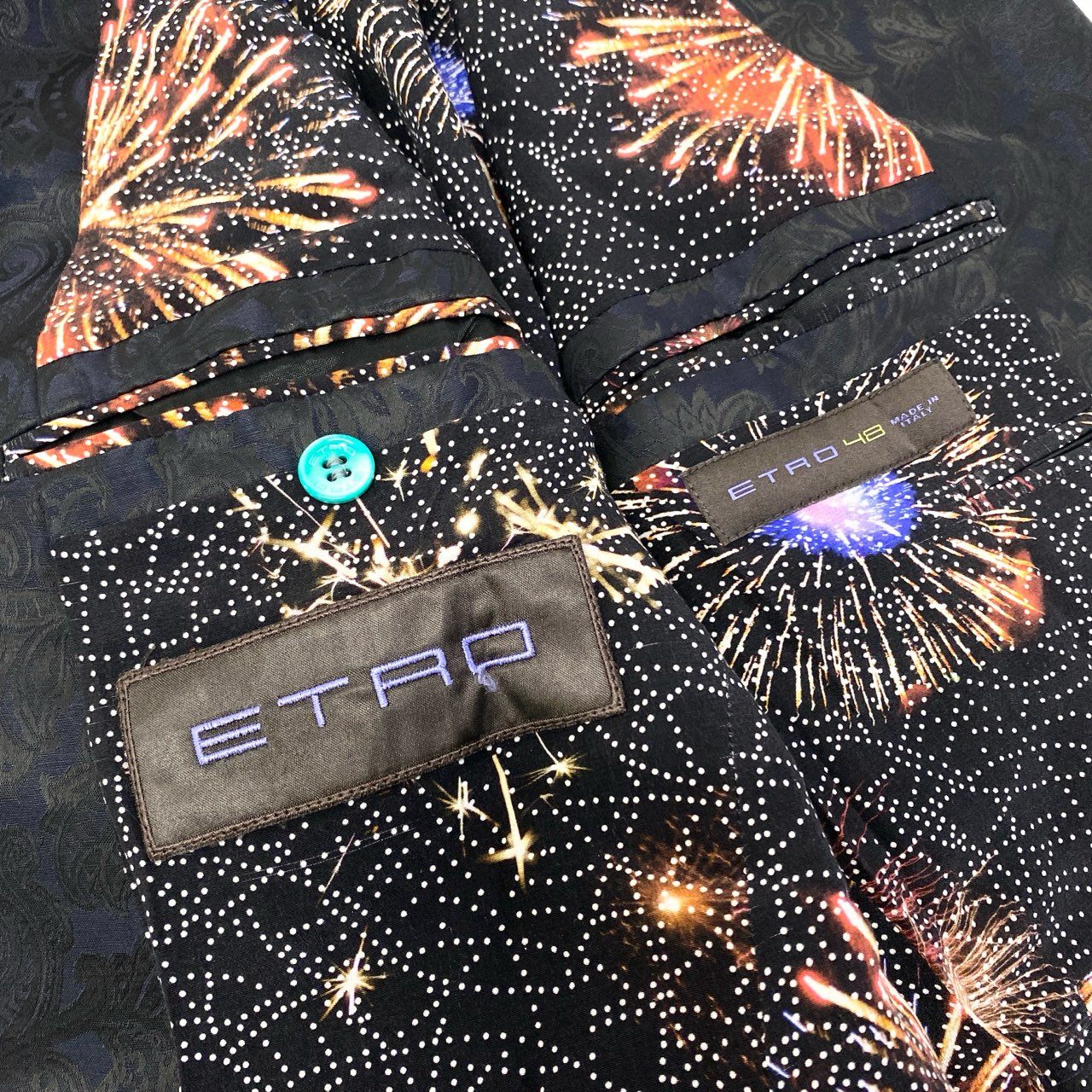 86a15 ETRO エトロ 裏地総柄 金ボタン ジャガード ペイズリー柄 ブレザー テーラードジャケット サイズ48 ネイビー系 メンズ 男性用 ドレスジャケットk02i