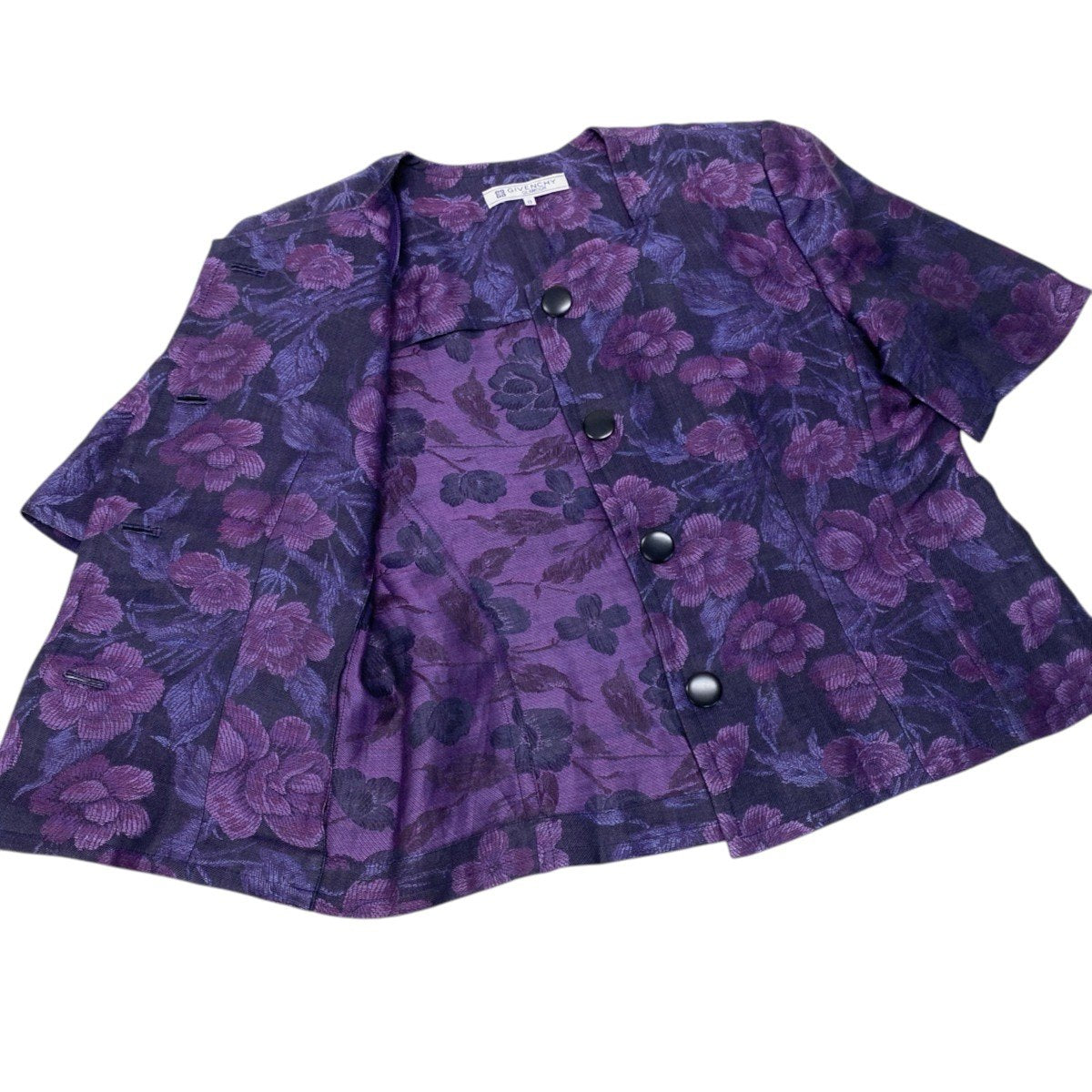 92h3 【大きいサイズ】 GIVENCHY ジバンシー ノーカラー リネンジャケット ジャガード調 フォーマルスーツ 花柄 半袖ジャケット 413622-66 13 パープル 麻100％ レディース 女性用o07t