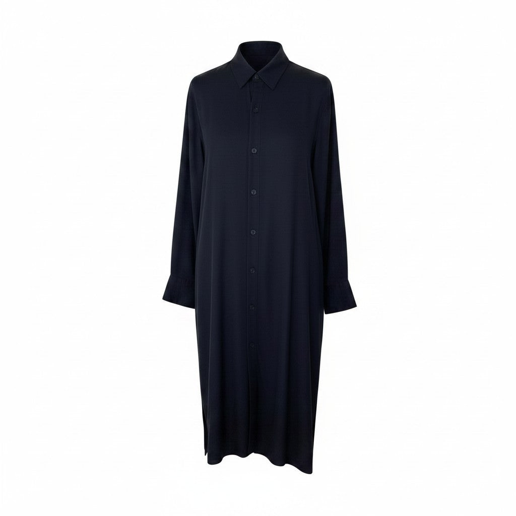 Af8 Yohji Yamamoto ヨウジヤマモト 23-24aw RAYON SATIN LONG SHIRT WITH SIDE SLITS ロングシャツワンピース FJ-B06-202 サイズ1 ブラック レーヨン100％ レディース 女性用u02t