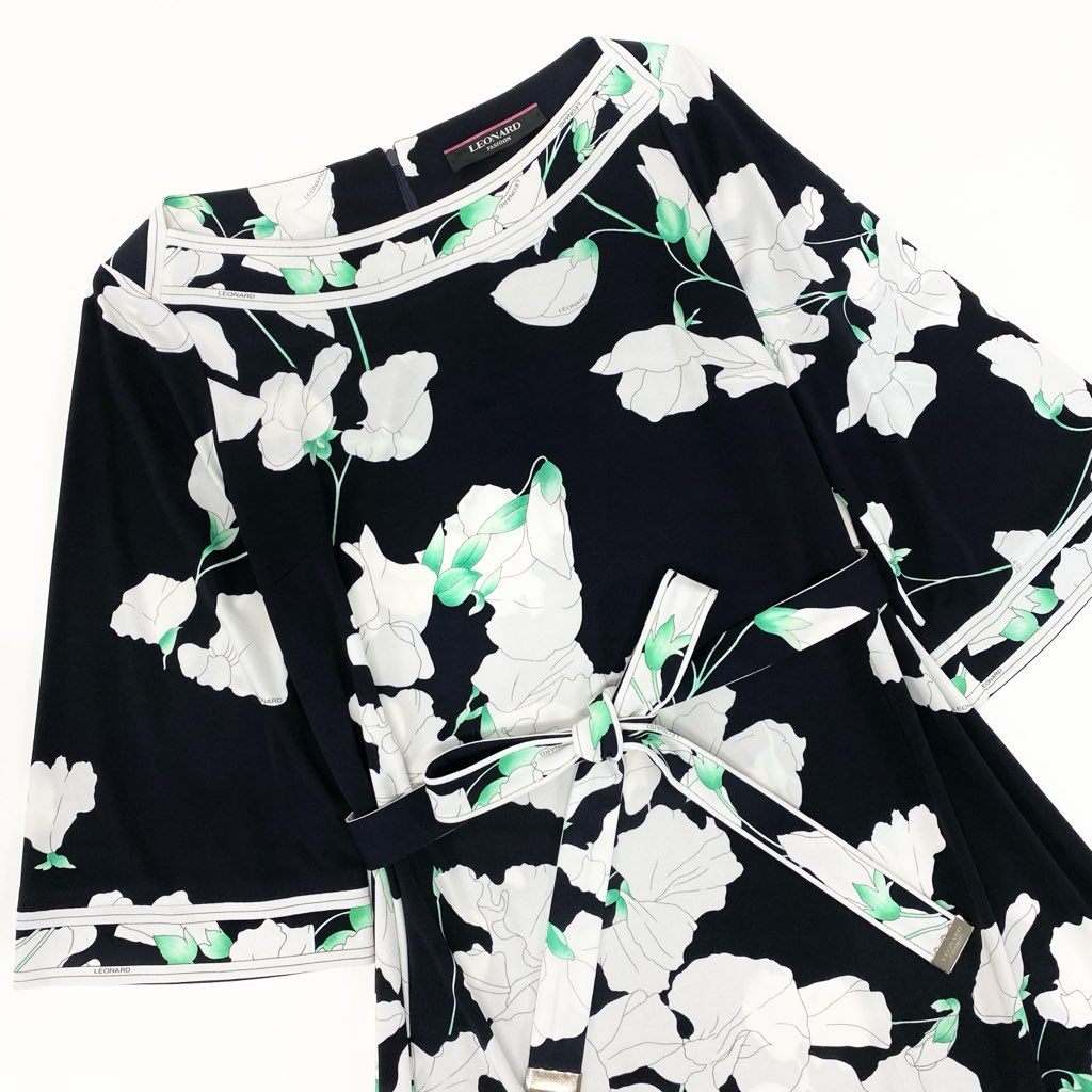 40l25 LEONARD レオナール カンカン素材ロングワンピース 7分袖 美しい花柄プリント 40 ブラック ホワイト レディースu02t