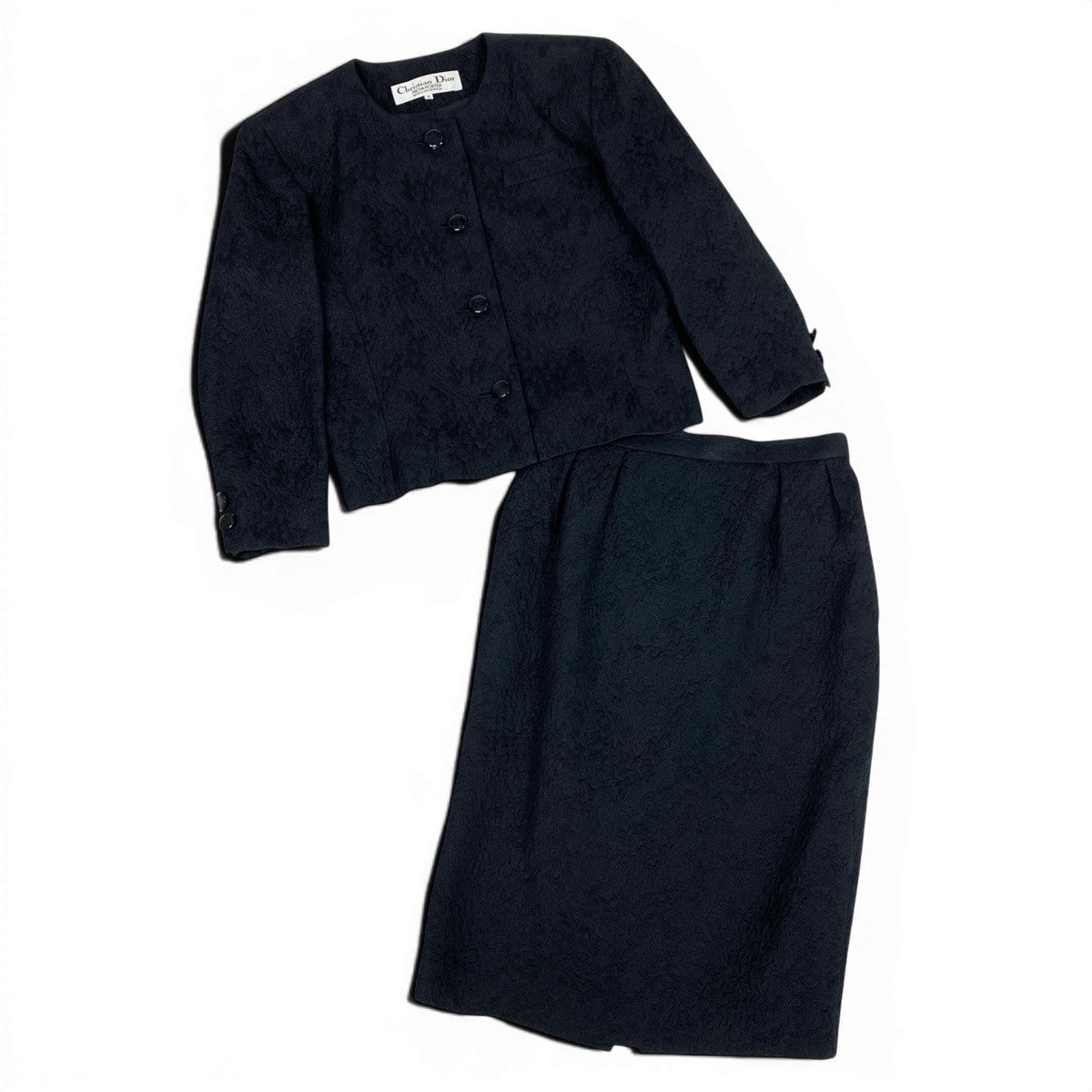 Ee28 Christian Dior クリスチャンディオール ジャガード セットアップスカート ノーカラージャケット フォーマル シルクウール混 サイズ9 ブラック レディースu02t