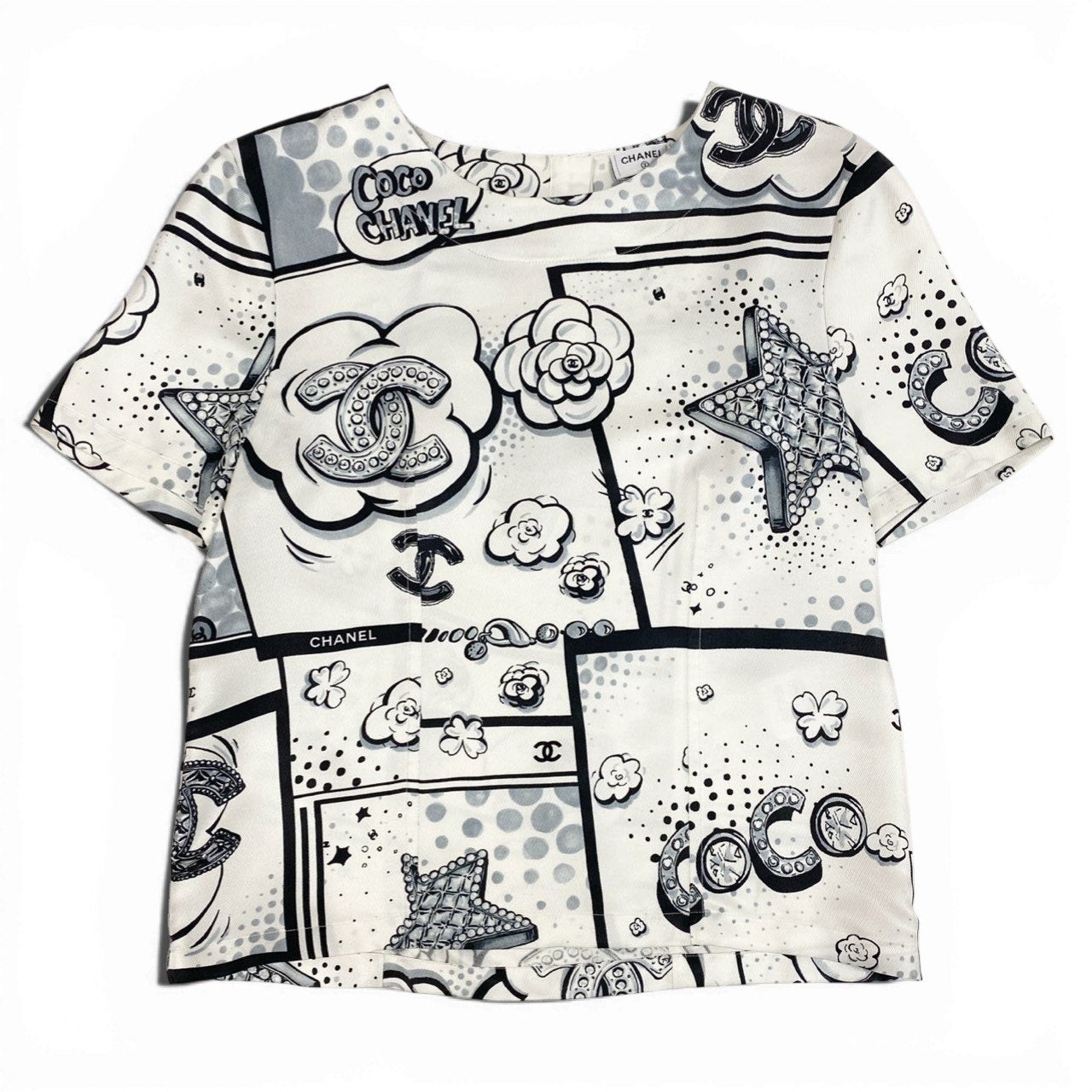 b23 CHANEL シャネル P80342 2025SS CCロゴ 半袖シルクブラウス 半袖トップス サイズ38 オフホワイト系 レディース Tシャツta1