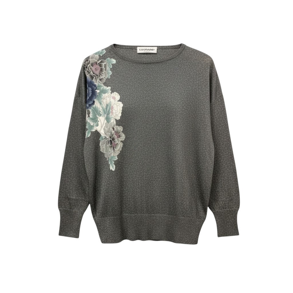 2b17 【極美品】LEONARD レオナール ロングスリーブラメニット 美しい花柄プリント トップス 0497794 Mサイズ グレー レディース 女性用u02t