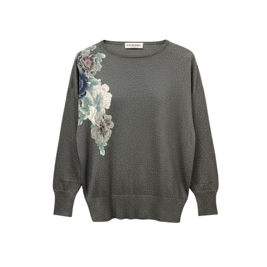 2b17 【極美品】LEONARD レオナール ロングスリーブラメニット 美しい花柄プリント トップス 0497794 Mサイズ グレー レディース 女性用u02t