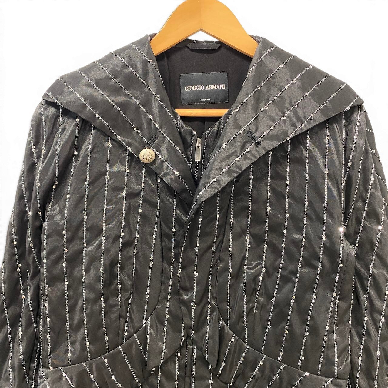 72e21 GIORGIO ARMANI ジョルジオアルマーニ 変形ジャケット ストライプ スパンコール ダブルジップ アウター イタリア製 46サイズ ブラック レディース 女性用t18r