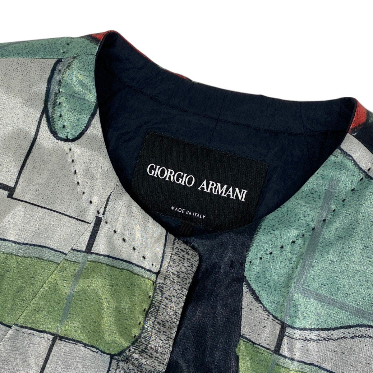 78j6 【美品】GIORGIO ARMANI ジョルジオアルマーニ ノーカラージャケット  アートプリント イタリア製 38サイズ マルチカラー レディース 女性用u02t