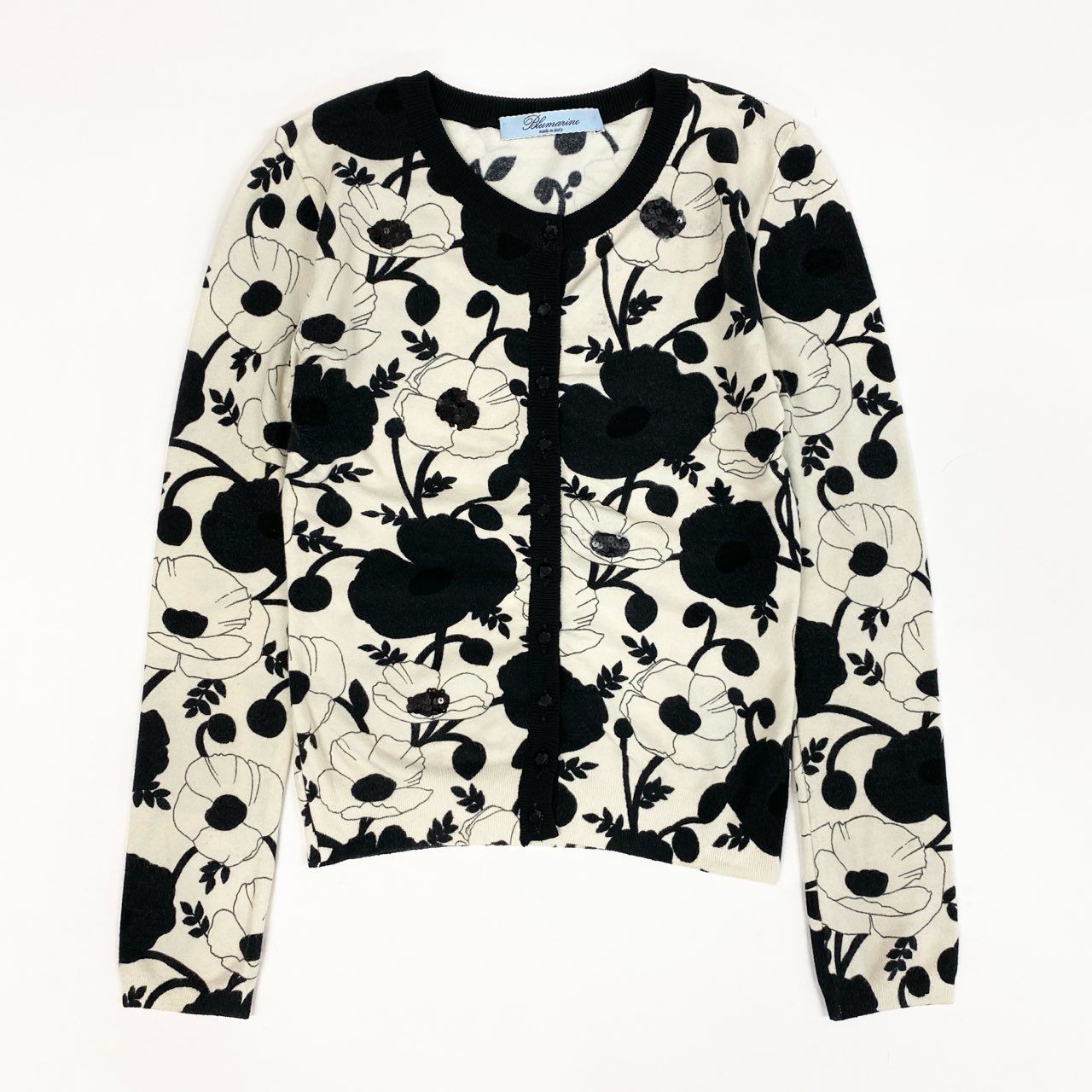 31k2 Blumarine ブルマリン イタリア製 長袖ニットカーディガン 花柄プリント ビジュー スパンコール 38 ホワイト ブラック レディースo07t