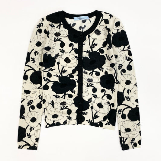 31k2 Blumarine ブルマリン イタリア製 長袖ニットカーディガン 花柄プリント ビジュー スパンコール 38 ホワイト ブラック レディースo07t