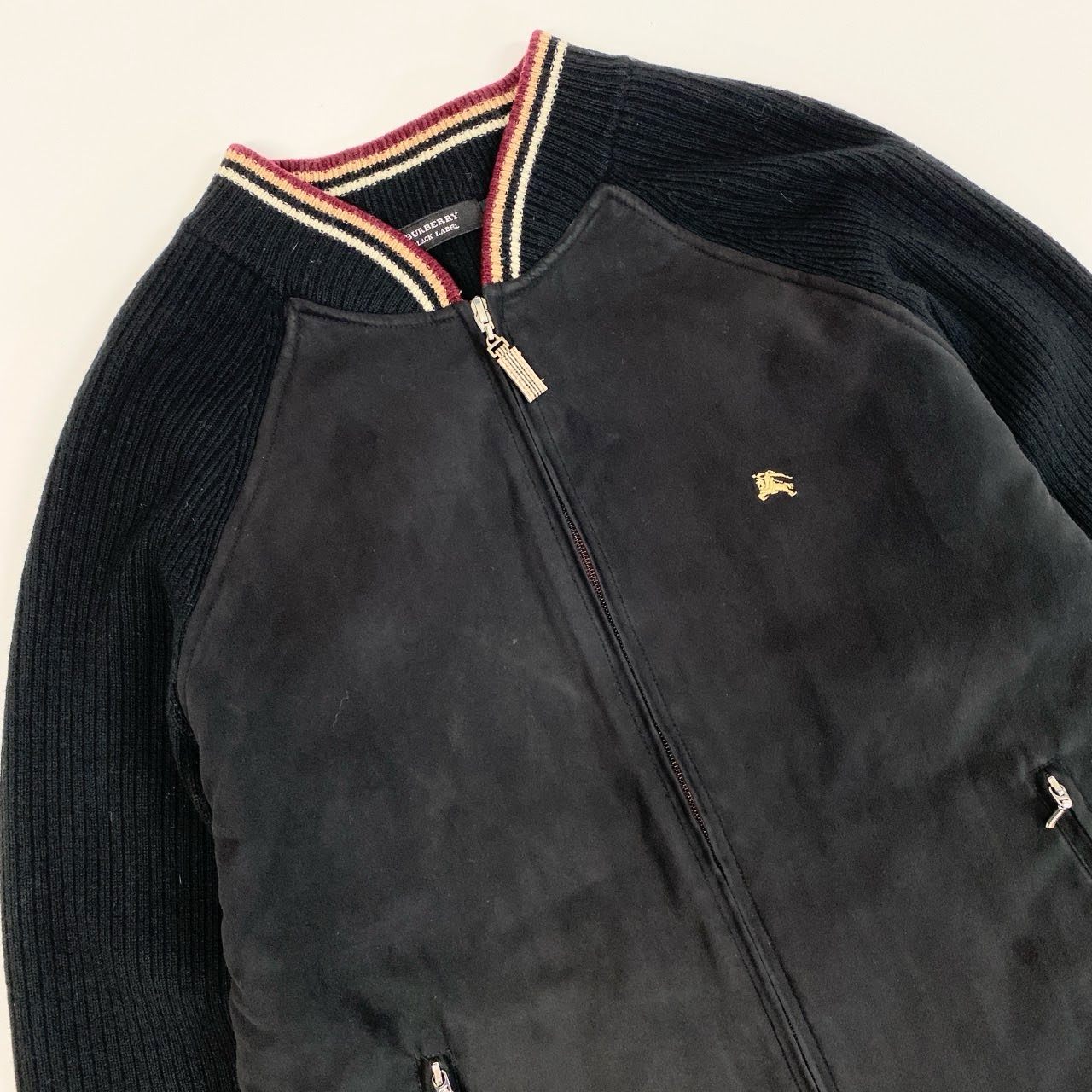 85k4 BURBERRY BLACK LABEL バーバリー ブラックレーベル ニット切替 ロゴ刺繍 ジップアップ ブルゾン ジャケット BMT66-516-09 3 Lサイズ相当 ブラック メンズo07t