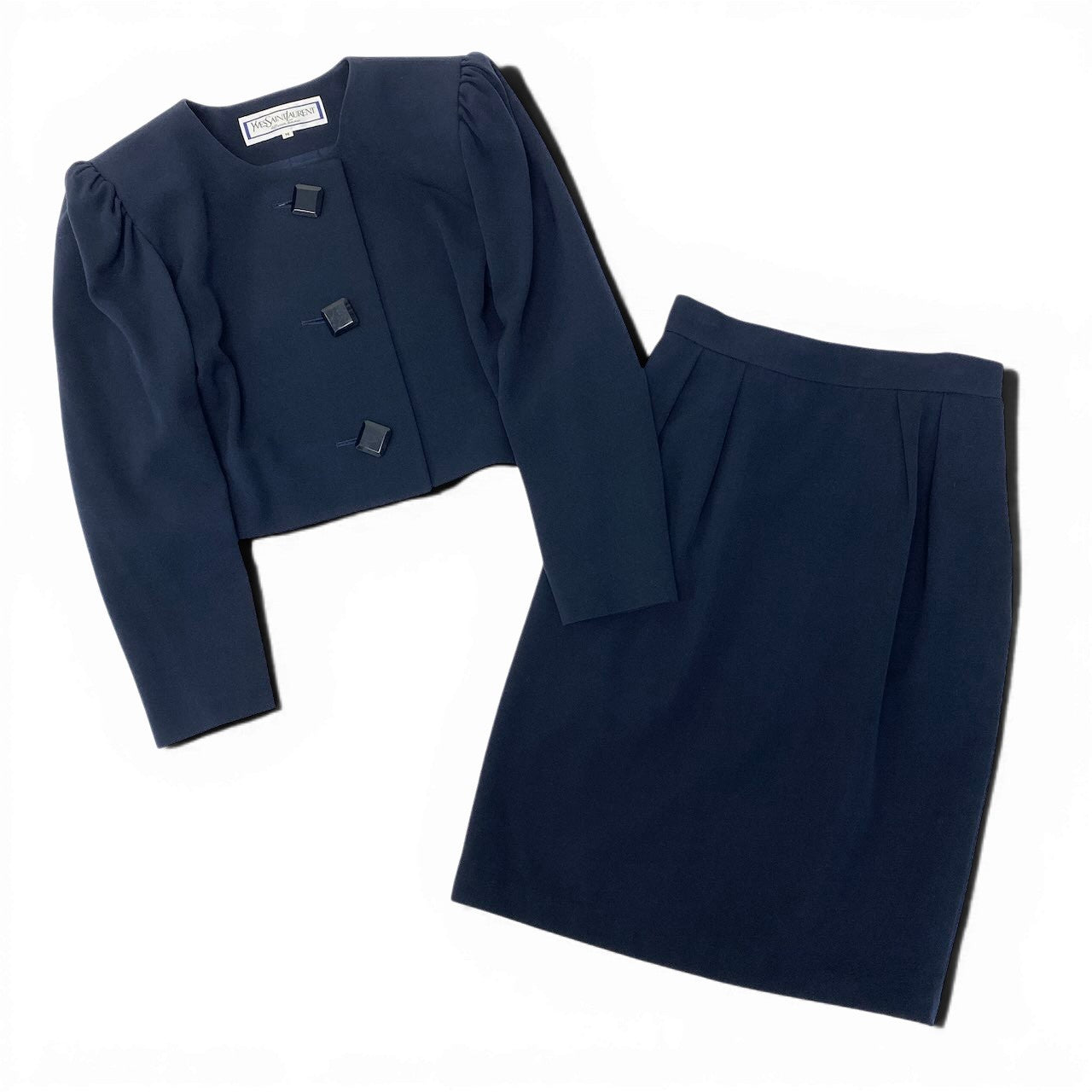 43e11 YVES SAINTLAURENT イヴサンローラン セットアップスカート フォーマル ノーカラージャケット タックスカート サイズM ネイビー ウール100％ レディース 女性服o07t