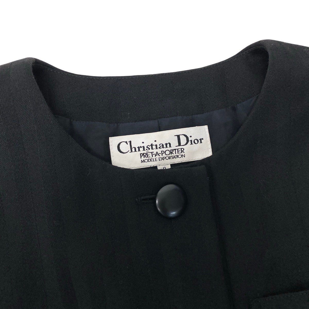 77h18 Christian Dior クリスチャンディオール ノーカラージャケット ウールジャケット ストライプ柄 フォーマル サイズ9 ブラック レディースo07t