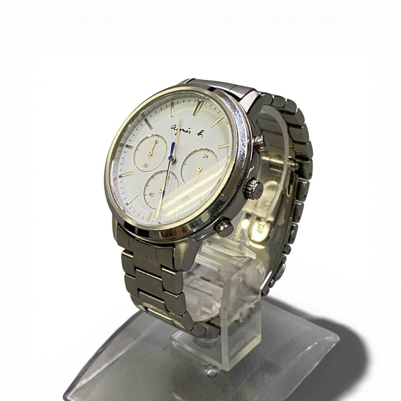 b12 【美品】 agnes b アニエスベー クロノグラフ デイト クォーツ 腕時計 QZ VD53-KWB0 シルバー ホワイト ステンレスk02i