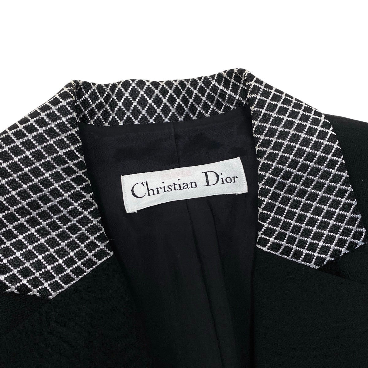 Eh10 Christian Dior クリスチャンディオール テーラードジャケット ダイヤ柄切替 ロゴボタン ブラック レディースo07t