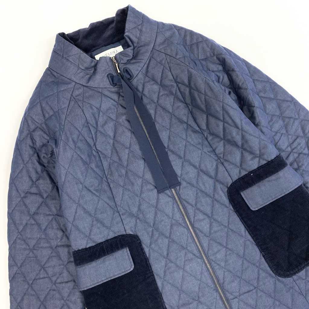 69L17 【美品】NEMIKA by Leilian ネミカ レリアン キルティングジャケットコート 中綿コート 異素材切替 11サイズ ネイビー レディースu02t