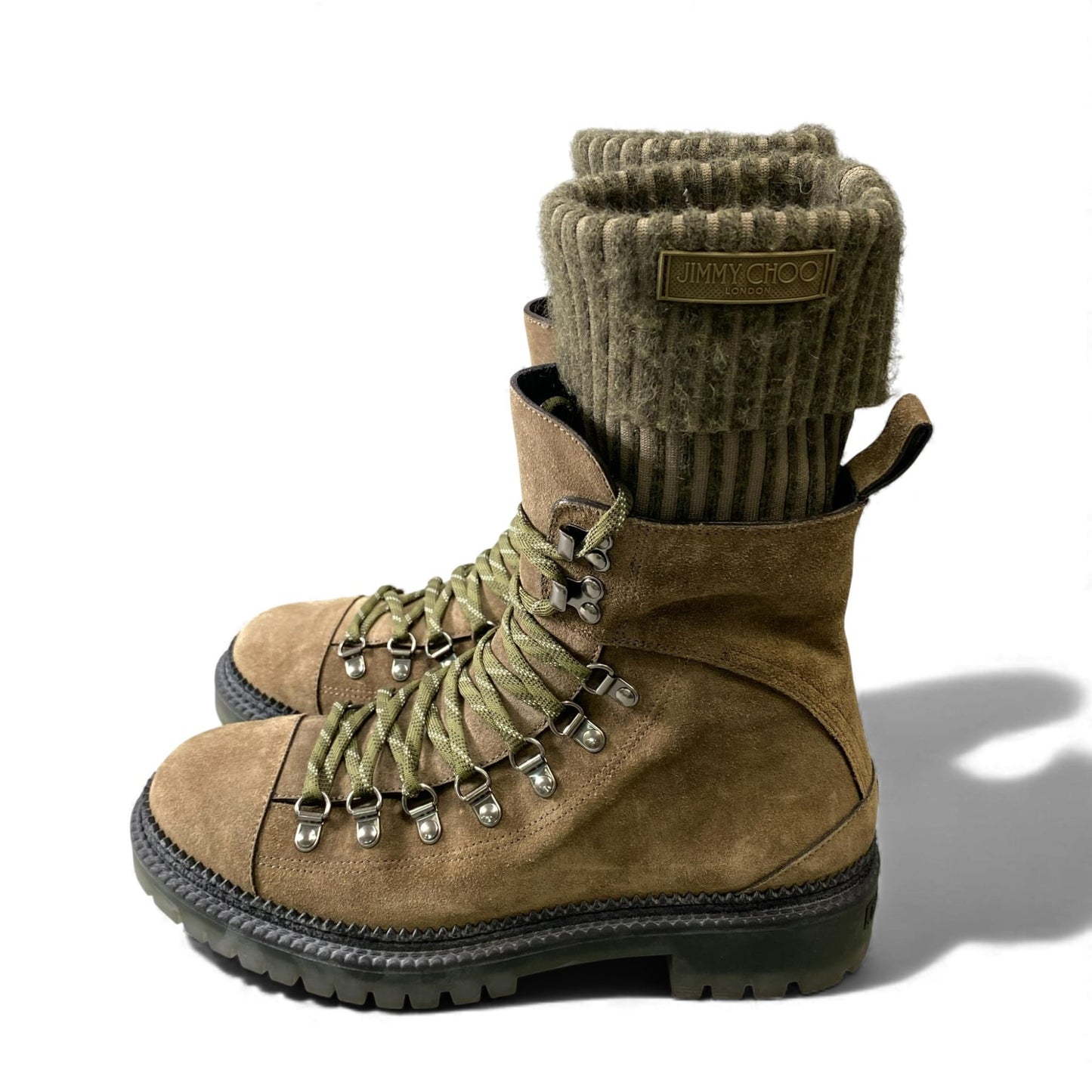 1L10 【美品】JIMMY CHOO ジミーチュウ デヴィンニットソックス スエードブーツ ８ホールブーツ ブーツ 42サイズ カーキ メンズk02i