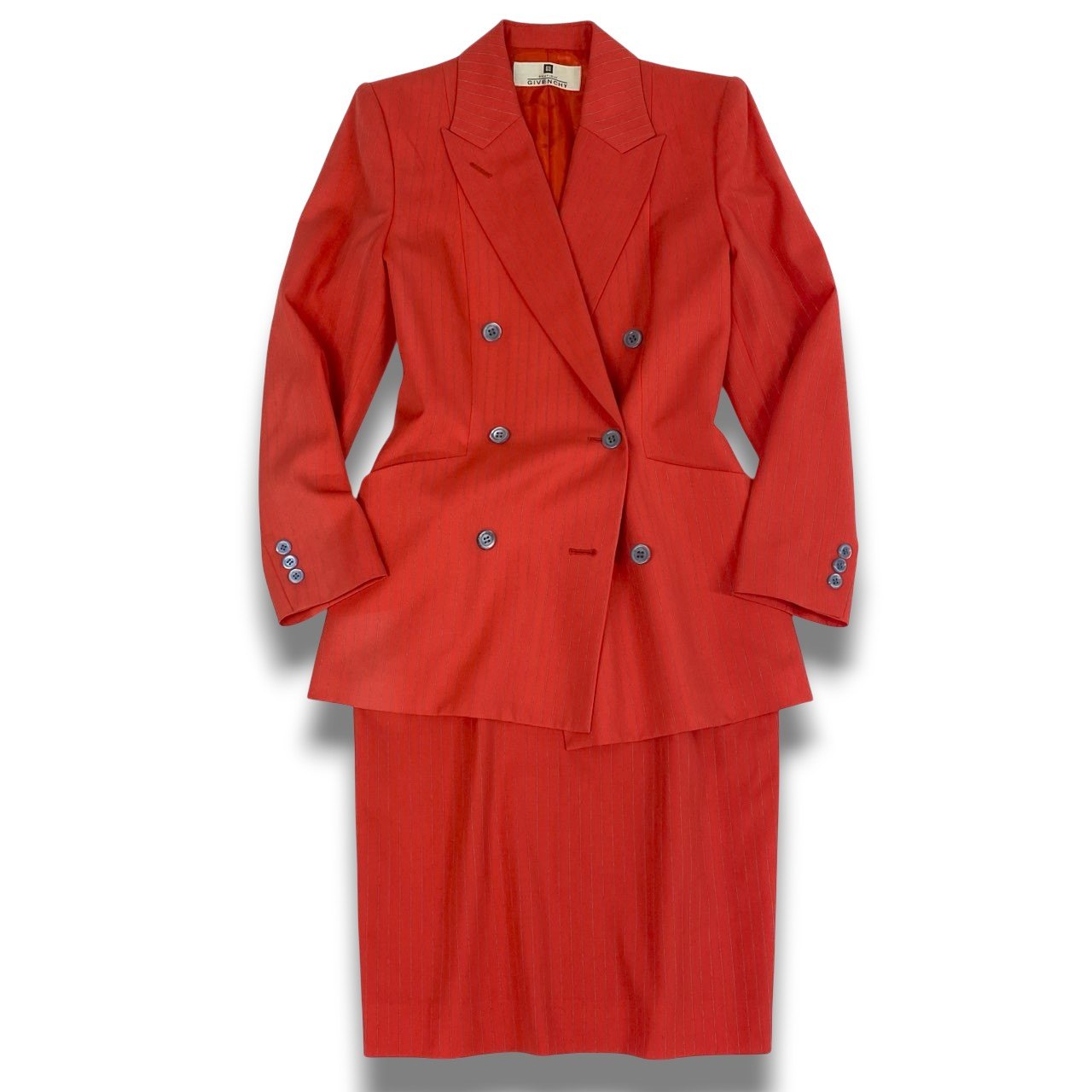 28b20 Vintage GIVENCHY ジバンシー スカートスーツ セットアップ ダブルブレスト 38 オレンジ ストライプ ウール 裏地ロゴu02t
