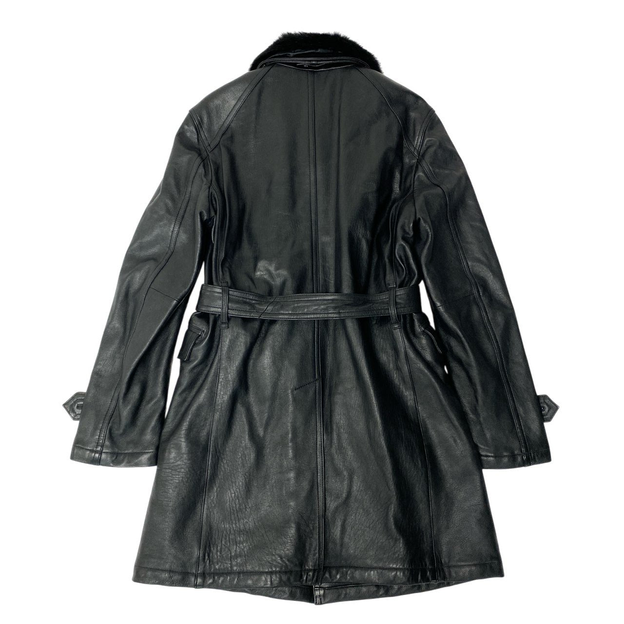 79a14 BURBERRY BLACK LABEL バーバリーブラックレーベル レザーコート ベルテッドコート 中綿キルティング ラビットファー襟 LL ブラック メンズu02t